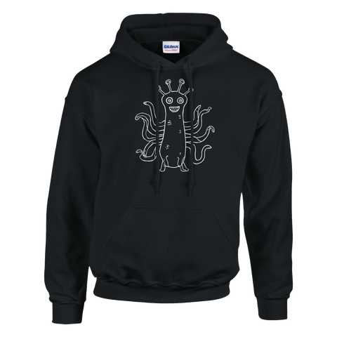 Minimalistisk vit linjeteckning av ett monster på svart hoodie