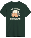 Mörkgrön t-shirt med samhällskritisk illustration och lekfullt budskap