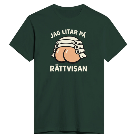 Mörkgrön t-shirt med samhällskritisk illustration och lekfullt budskap