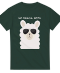 Lama med solglasögon och texten "NO DRAMA, BITCH" på mörkgrön T-shirt.