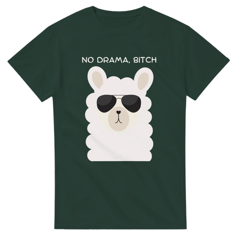 Lama med solglasögon och texten "NO DRAMA, BITCH" på mörkgrön T-shirt.