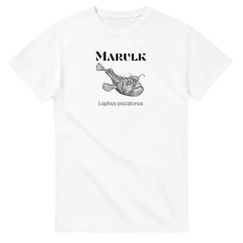 Vit t-shirt med marulk – fiske t-shirt med djuphavsfisk