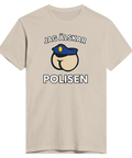 Satiriskt tryck "Jag älskar polisen" med tecknad rumpa i blå polismössa på beige t-shirt.