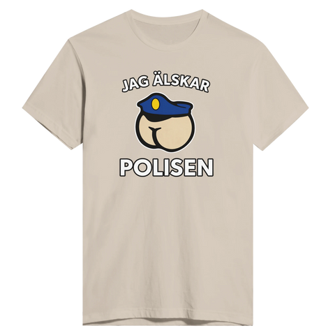 Satiriskt tryck "Jag älskar polisen" med tecknad rumpa i blå polismössa på beige t-shirt.