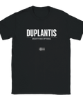 T-shirt med statement-design om Duplantis och tyngdlagen på svart botten