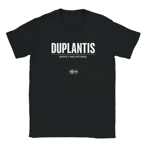 T-shirt med statement-design om Duplantis och tyngdlagen på svart botten