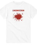 Röd splatter-illustration med texten Lingonveckan på vit t-shirt