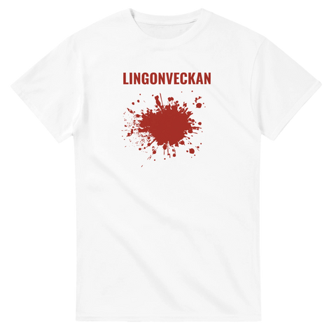 Röd splatter-illustration med texten Lingonveckan på vit t-shirt