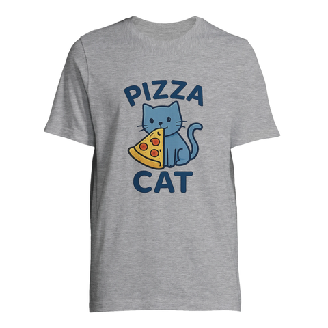 Gråmelerad t-shirt med grafisk illustration av en pizzaätande katt