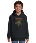 Stegosaurus med solglasögon och text på mörkgrå barnhoodie med känguruficka.