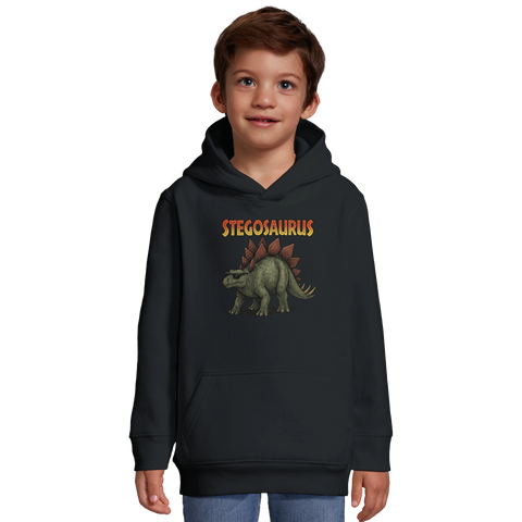 Stegosaurus med solglasögon och text på mörkgrå barnhoodie med känguruficka.