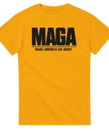 Make America Go Away" text i svart med "MAGA" i fet stil på gul t-shirt.
