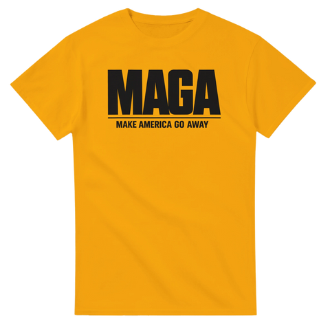 Make America Go Away" text i svart med "MAGA" i fet stil på gul t-shirt.