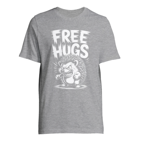 Arg igelkott med texten "FREE HUGS" på grå t-shirt.