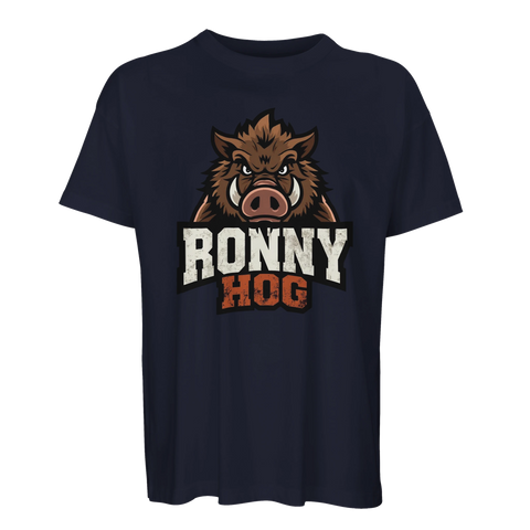 Tecknad vildsvin med texten "RONNY HOG" på en mörkblå oversized ekologisk t-shirt.