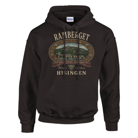 Retro outdoor-motiv av Ramberget på en brun hoodie – Hisingen Göteborg