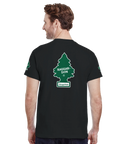 Raggarsvin Doftgran tryck i grönt och vitt på svart t-shirt, rygg och ärm.