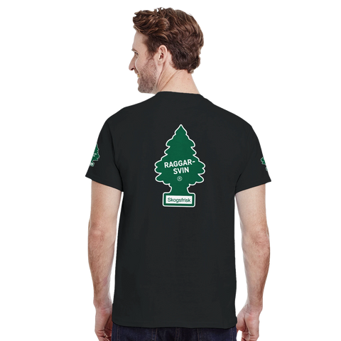 Raggarsvin Doftgran tryck i grönt och vitt på svart t-shirt, rygg och ärm.