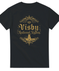 Vintage-inspirerat Visby Medieval Nights motiv i guld på en svart t-shirt