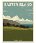 Retro reseposter av Easter Island med siluetter av Moai-statyer mot gröna kullar och blå himmel.