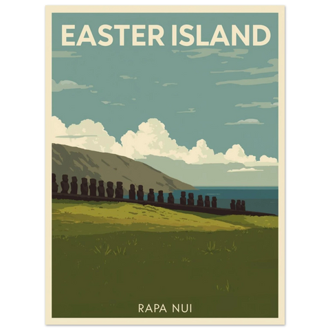 Retro reseposter av Easter Island med siluetter av Moai-statyer mot gröna kullar och blå himmel.