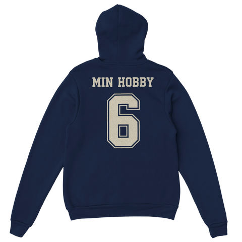 Vintage sportdesign med siffran sex och texten Min Hobby på blå hoodie