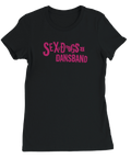 Sex, Drugs & Dansband" texttryck i rosa grunge-stil på svart dam t-shirt.