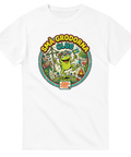 Färgglad illustration av groda med blomsterkrans på vit t-shirt