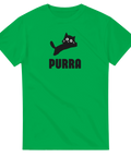 Svart tecknad katt med stora ögon och text "PURRA" på grön t-shirt.
