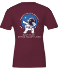Dabbande astronaut i rymden, texten "Rebooting Civilisation Elon Musk Space Adventures" på vinröd t-shirt.