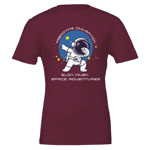 Dabbande astronaut i rymden, texten "Rebooting Civilisation Elon Musk Space Adventures" på vinröd t-shirt.