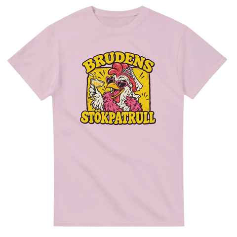 T-shirt med en festglad höna i slöja och texten Brudens stökpatrull