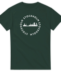 Mörkgrön t-shirt med minimalistisk vit illustration av Stockholm