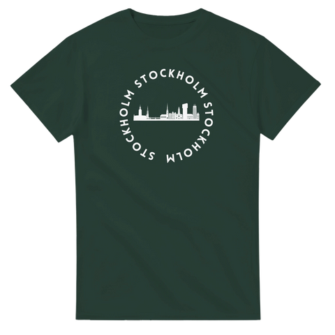 Mörkgrön t-shirt med minimalistisk vit illustration av Stockholm