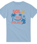 Grafiskt tryck med sol, hav och hibiskusblommor på ljusblå t-shirt