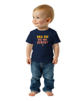 Ska du ha stryk?" baby t-shirt i mörkblått med orange/gul text och blixt.