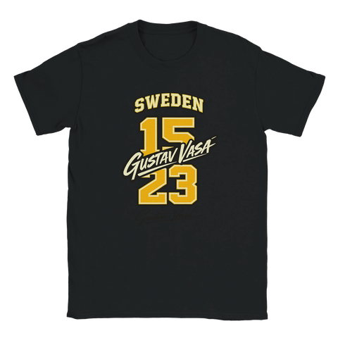 Klassisk typografi med historiskt tema och signatur på svart t-shirt