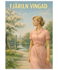 Kvinna i rosa klänning i en blomstrande parkmiljö – romantisk vintage poster