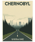 Grafisk illustration av Chernobyl med en öde väg som leder mot kraftverkets kyltorn i grönaktiga och beige toner.