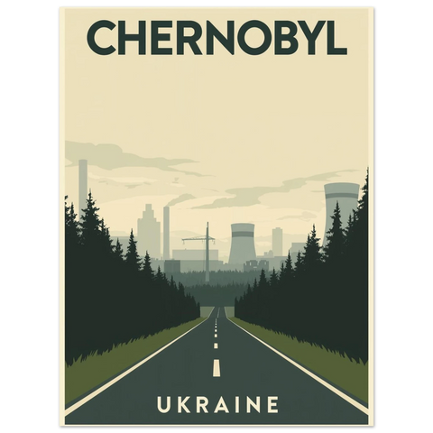 Grafisk illustration av Chernobyl med en öde väg som leder mot kraftverkets kyltorn i grönaktiga och beige toner.