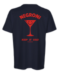 Grafiskt ryggtryck med rött cocktailglas och texten Negroni – drink t-shirt