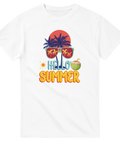 Minimalistisk sommar-design med solglasögon och palmer på en vit t-shirt