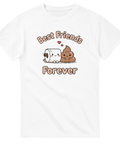 Tecknad bajskorv och toarulle med "Best Friends Forever" på vit t-shirt.
