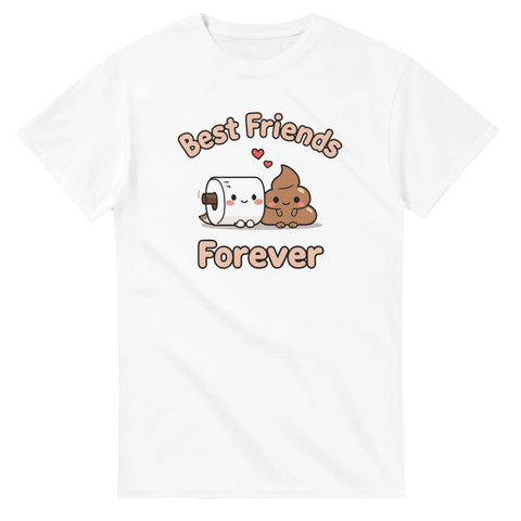 Tecknad bajskorv och toarulle med "Best Friends Forever" på vit t-shirt.