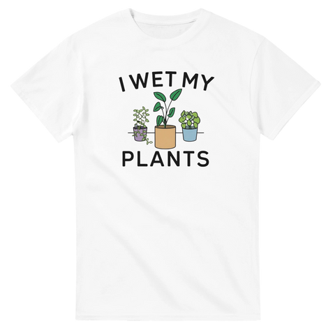 Grafisk illustration av tre krukväxter med texten I wet my plants på vit t-shirt