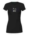 Svart t-shirt med MILF-text och grafiska blinkande ögon