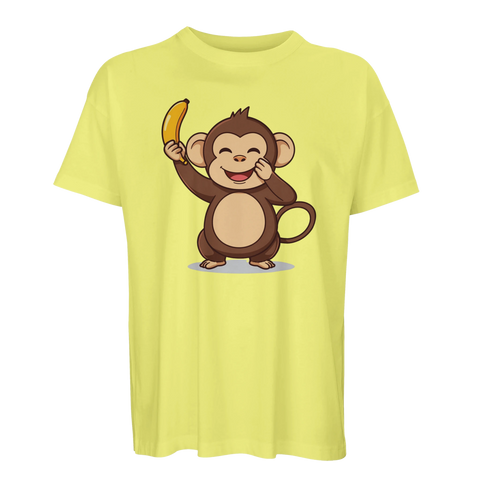 Gul boxy t-shirt med lekfullt djurmotiv av en glad apa