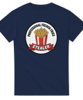 Marinblå t-shirt med grafiskt tryck och skämtsam text om pommes frites