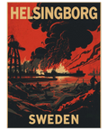 Retro propaganda-stil poster av Helsingborgs hamn i dramatiska röda och svarta toner