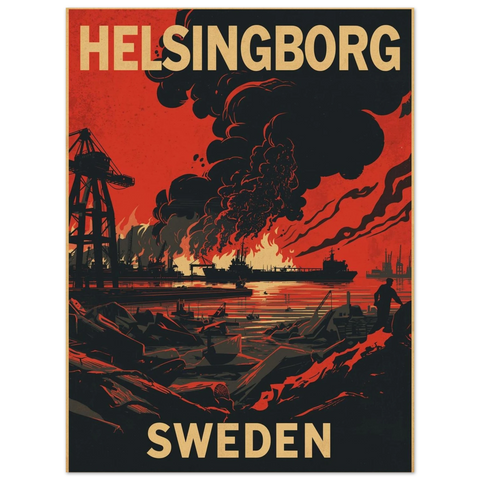 Retro propaganda-stil poster av Helsingborgs hamn i dramatiska röda och svarta toner